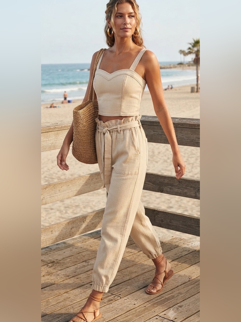 Sienna Sky Cream Linen Blend Crop Top & Paperbag Tie Jogger Pants